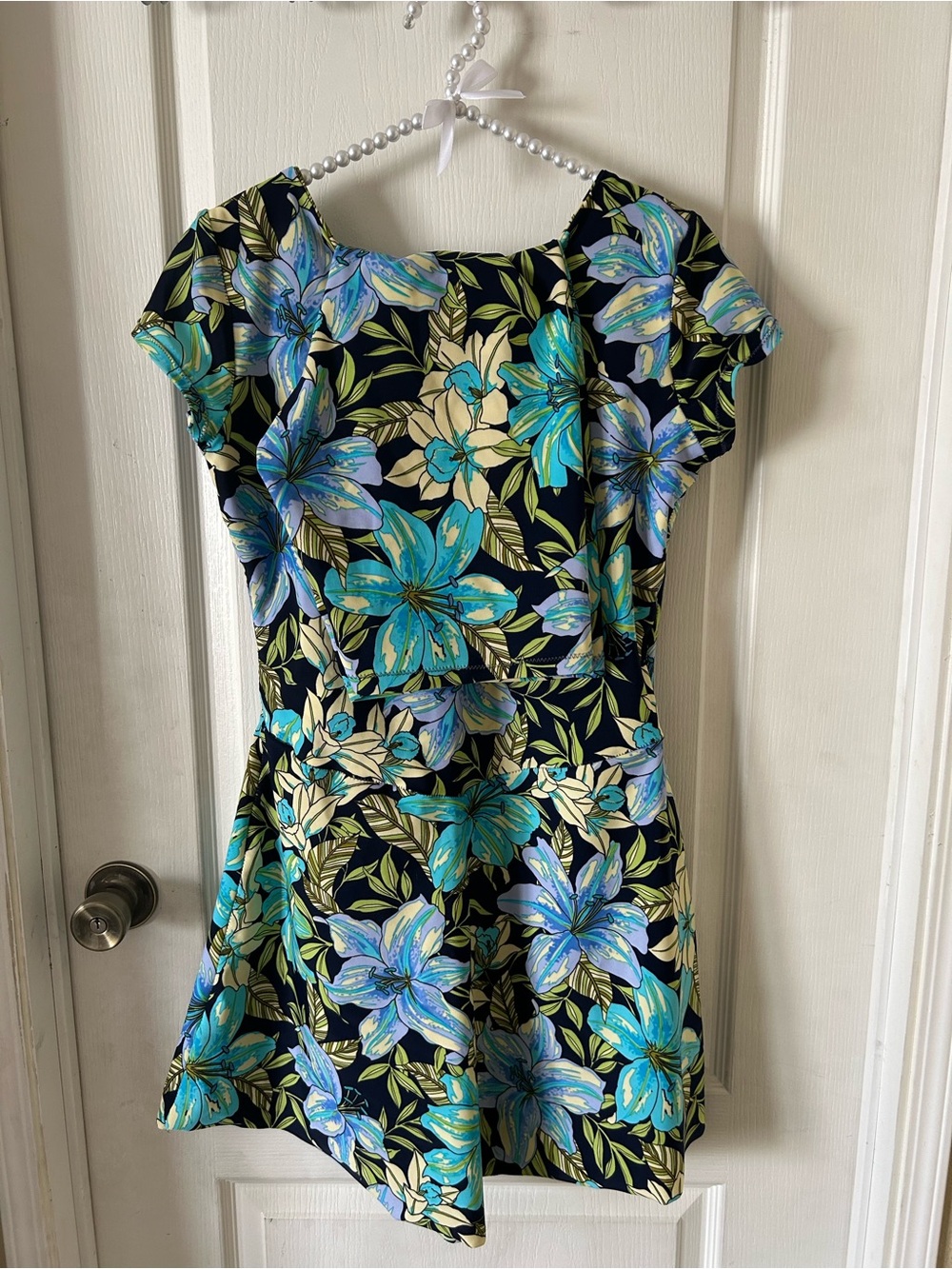 Women’s Floral Romper One Piece Swim Dress Short Sleeve Black Blue M SBF 50
